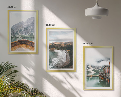 Three-piece wall art piece Mountains, lake, boat, beach, landscape