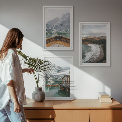 Three-piece wall art piece Mountains, lake, boat, beach, landscape