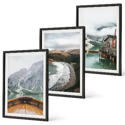 Three-piece wall art set featuring a landscape of a mountain lake with a boat and beach