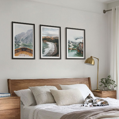 Three-piece wall art piece Mountains, lake, boat, beach, landscape