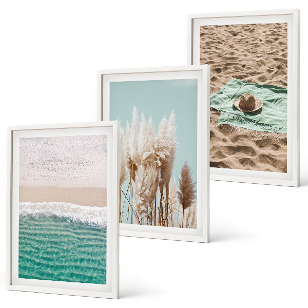 Set of 3 framed wall art pieces Beach waves grass hat