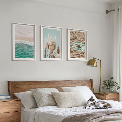 Set of 3 framed wall art pieces Beach waves grass hat