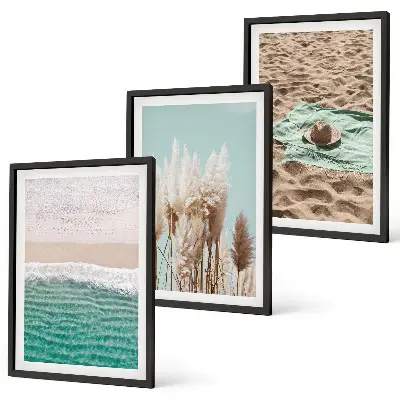 Set of 3 framed wall art pieces featuring a beach with waves, grass, and a hat
