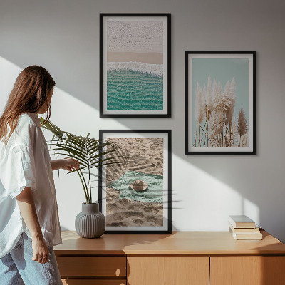 Set of 3 framed wall art pieces Beach waves grass hat