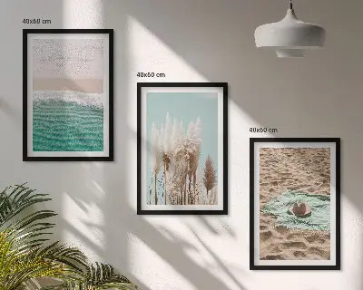 Set of 3 framed wall art pieces featuring a beach with waves, grass, and a hat