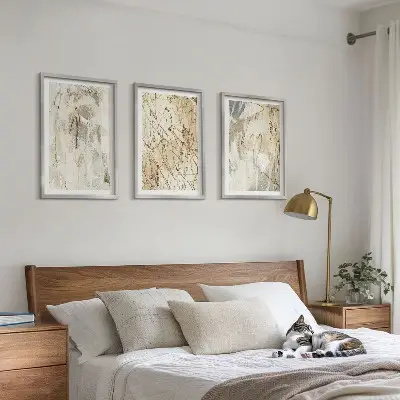 Three-piece abstract wall art set beige and gray pattern design