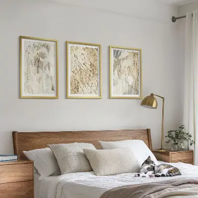 Three-piece abstract wall art set beige and gray pattern design