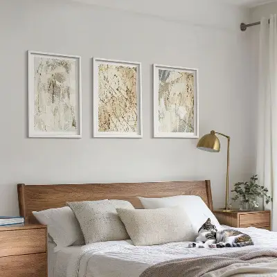 Three-piece abstract wall art set beige and gray pattern design