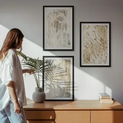 Three-piece abstract wall art set beige and gray pattern design