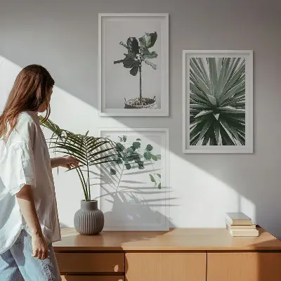 Set of 3 framed wall art pieces green plants minimalism style