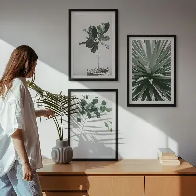 Set of 3 framed wall art pieces green plants minimalism style