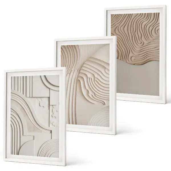 Set of 3 framed wall art pieces with abstract beige and white patterns