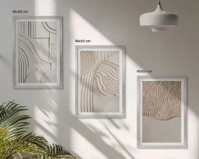 Set of 3 framed wall art pieces with abstract beige and white patterns