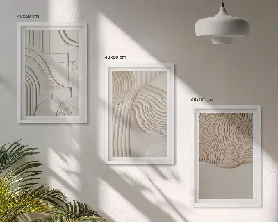 Set of 3 framed wall art pieces with abstract beige and white patterns