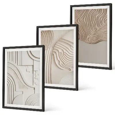 Set of 3 framed wall art pieces with abstract beige and white patterns