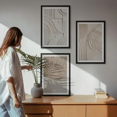 Set of 3 framed wall art pieces with abstract beige and white patterns