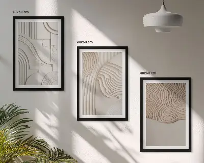Set of 3 framed wall art pieces with abstract beige and white patterns