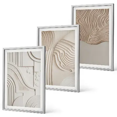Set of 3 framed wall art pieces with abstract beige and white patterns