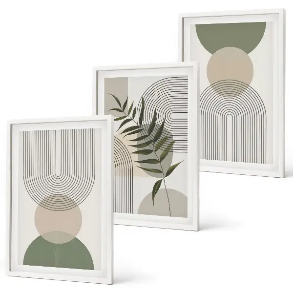 Three-piece wall art set with abstract shapes and greenery