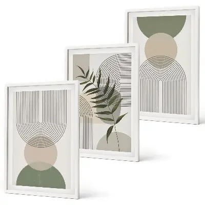 Three-piece wall art set with abstract shapes and greenery