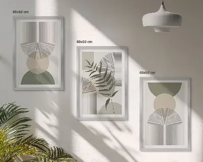 Three-piece wall art set with abstract shapes and greenery