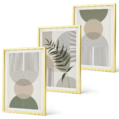 Three-piece wall art set with abstract shapes and greenery