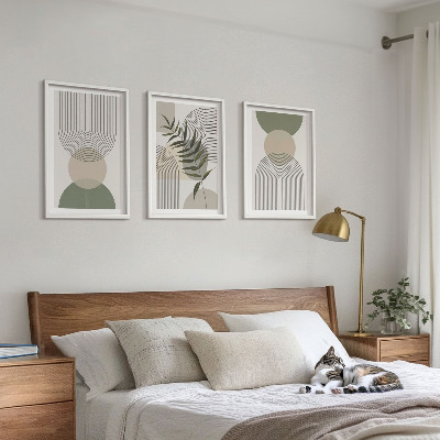 Three-piece wall art piece Abstract shapes with greenery