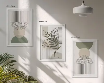Three-piece wall art set with abstract shapes and greenery