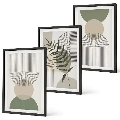 Three-piece wall art set with abstract shapes and greenery