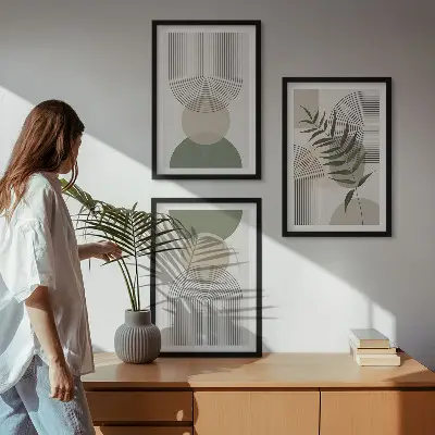 Three-piece wall art set with abstract shapes and greenery