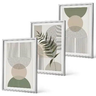 Three-piece wall art set with abstract shapes and greenery