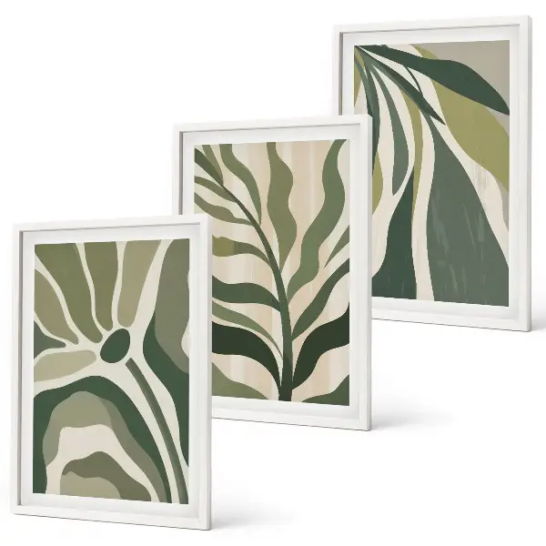Painted green leaves wall art set of 3 framed pieces