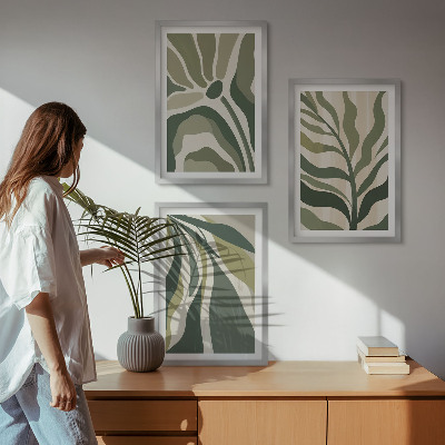 Set of 3 framed wall art pieces Painted green leaves illustrations