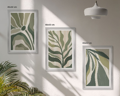Set of 3 framed wall art pieces Painted green leaves illustrations