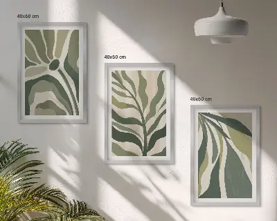 Painted green leaves wall art set of 3 framed pieces