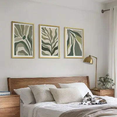 Painted green leaves wall art set of 3 framed pieces