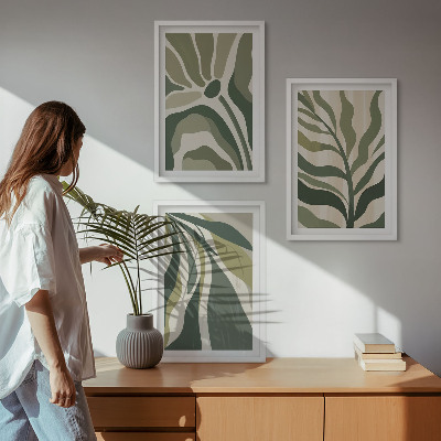 Set of 3 framed wall art pieces Painted green leaves illustrations