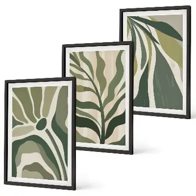 Painted green leaves wall art set of 3 framed pieces