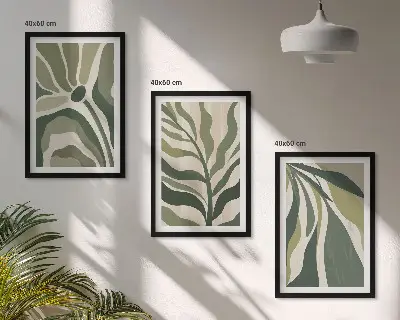 Painted green leaves wall art set of 3 framed pieces