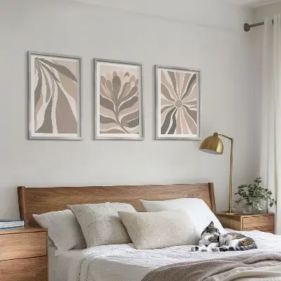 Three-piece abstract plant wall art with patterned botanical designs