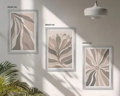 Three-piece abstract plant wall art with patterned botanical designs