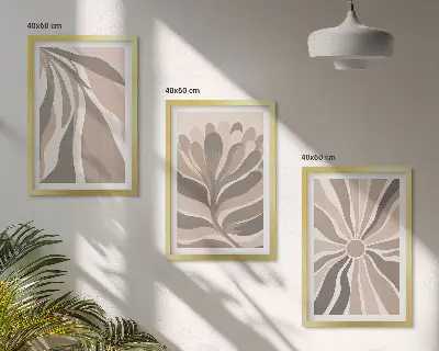 Three-piece abstract plant wall art with patterned botanical designs