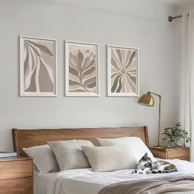 Three-piece abstract plant wall art with patterned botanical designs
