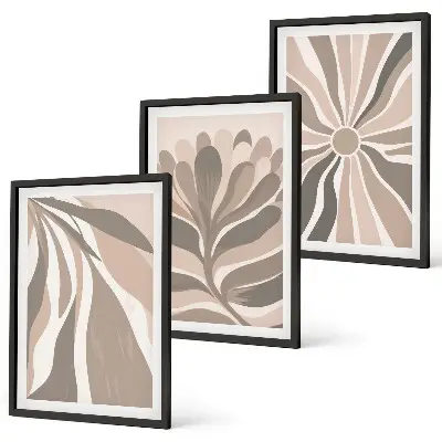 Three-piece abstract plant wall art with patterned botanical designs