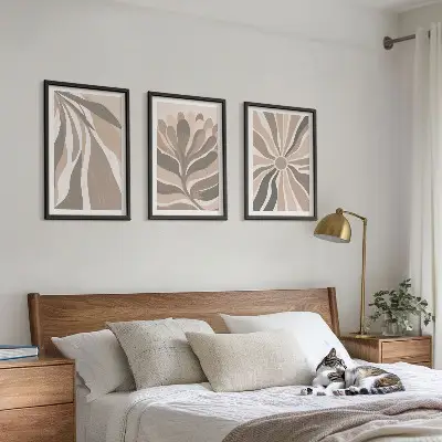 Three-piece abstract plant wall art with patterned botanical designs