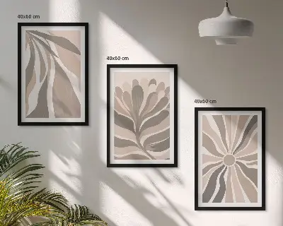 Three-piece abstract plant wall art with patterned botanical designs