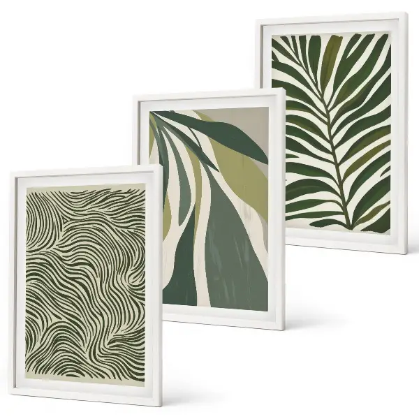 Wall art set green leaves with wavy lines
