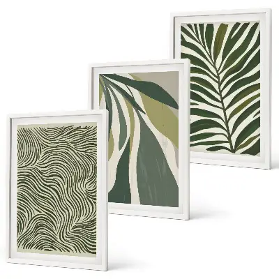 Wall art set green leaves with wavy lines
