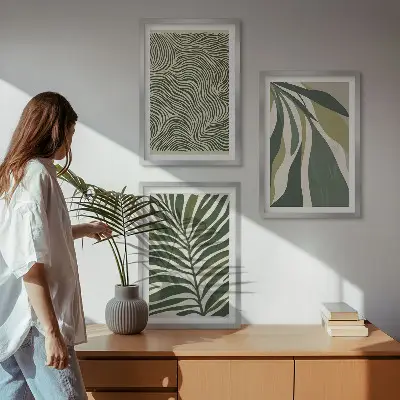 Wall art set green leaves with wavy lines