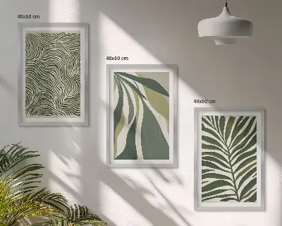 Wall art set green leaves with wavy lines